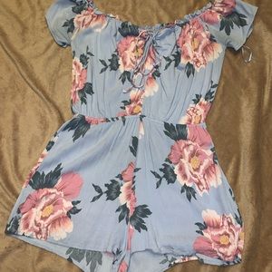 Blue Floral Kendal & Kylie Off the Shoulder Romper with Lace Up detail